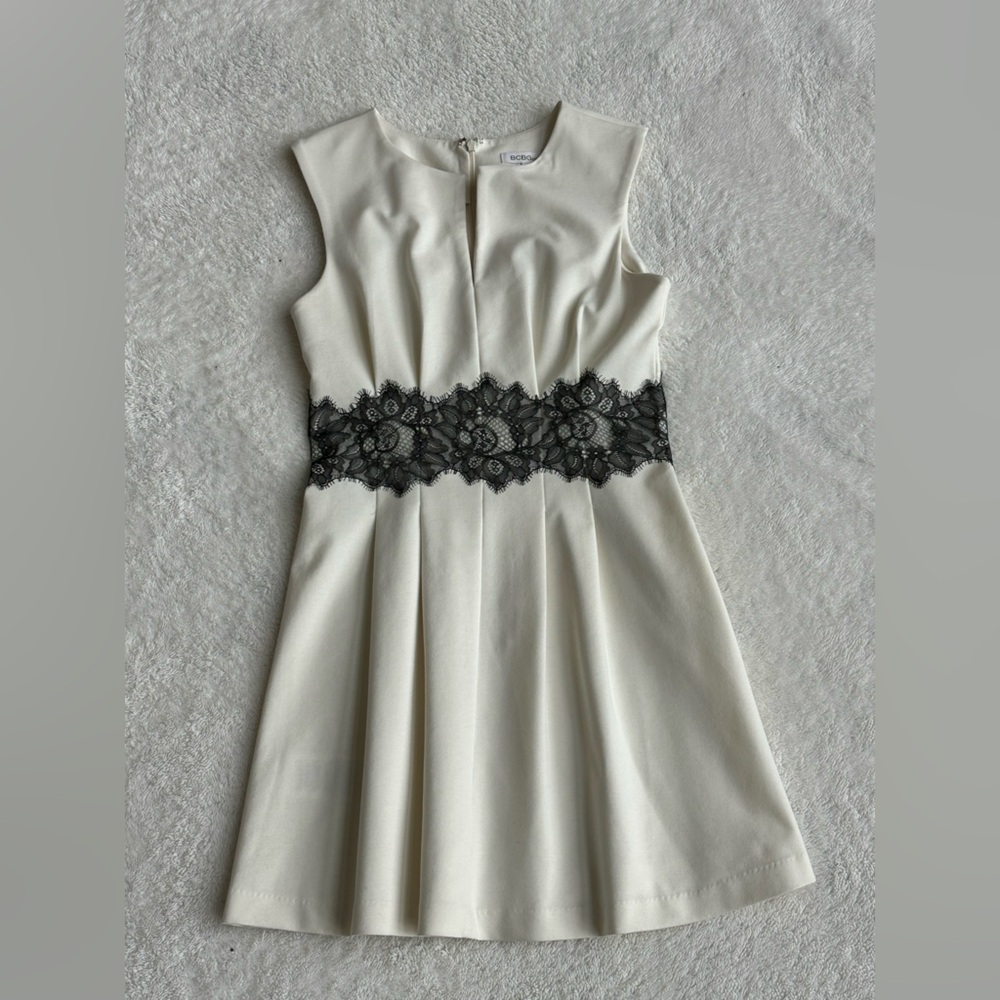 BCBG Cream and Black Pleated A-Line Dress